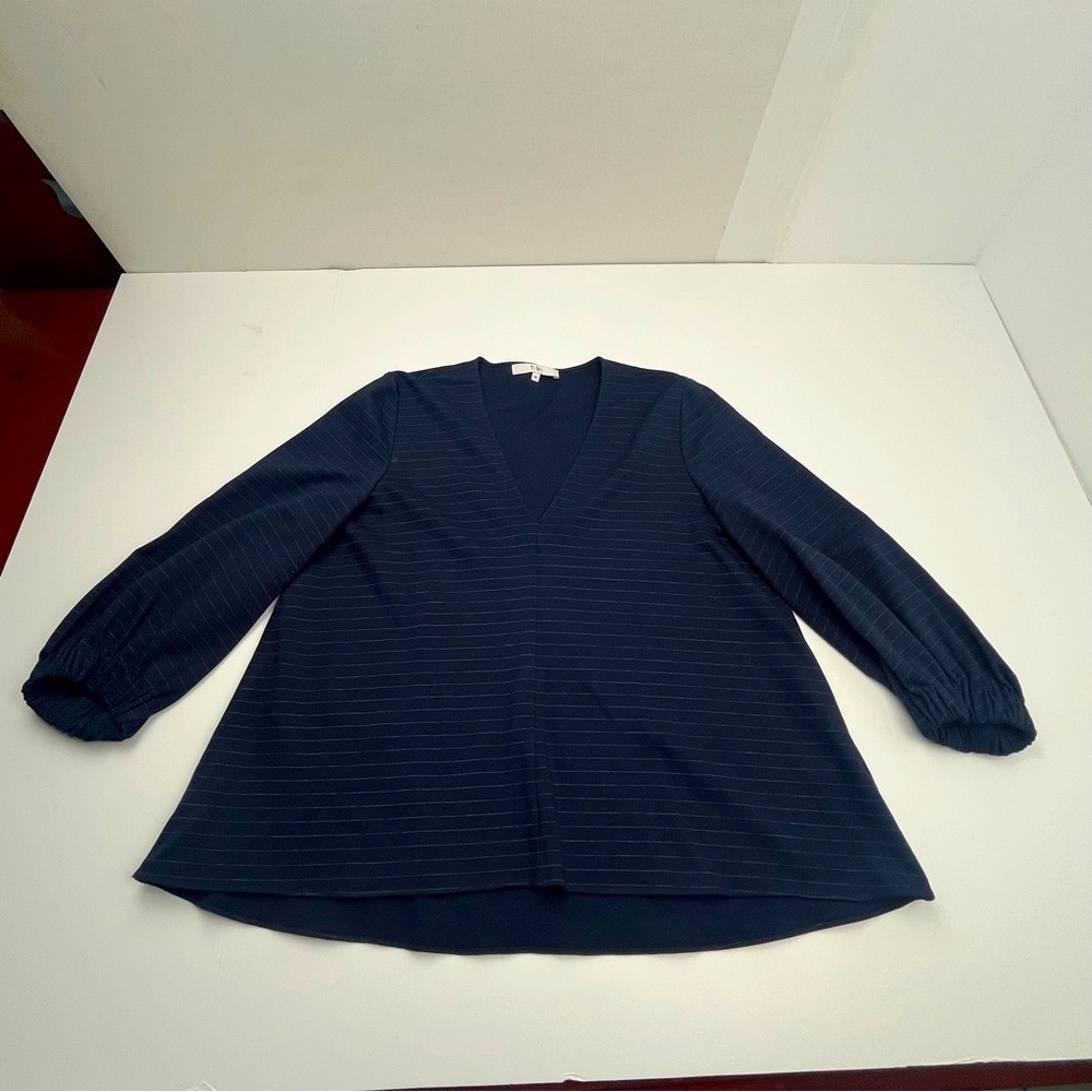 TIBI Womens V-neck Navy Blue Pinstripe Top Blouse Size Medium Popover Office
